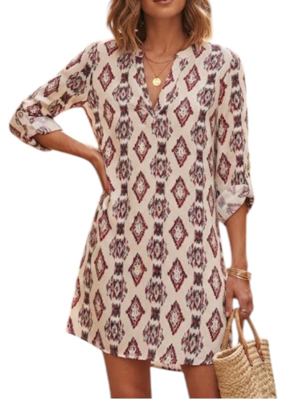 MY BELOVED Bohemian Resortwear Geo Diamond Print Tunic Dress Ivory Red V Neck M